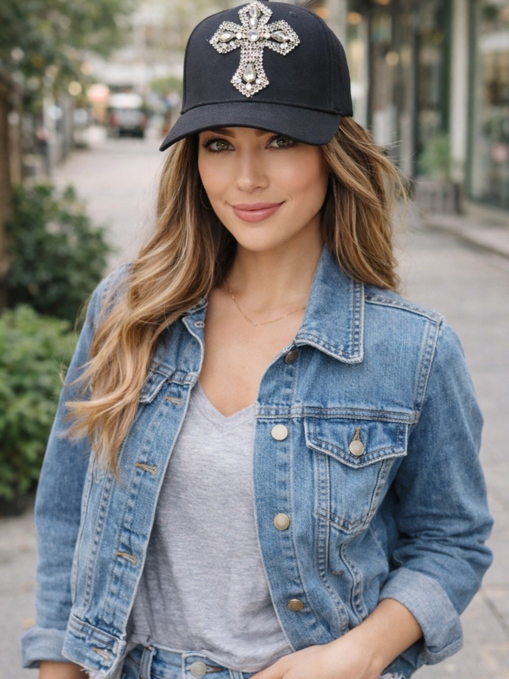 Rhinestone Cross Black Ball Cap